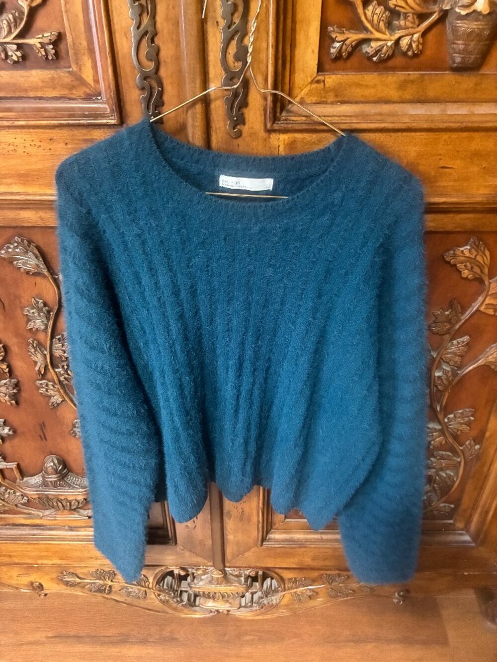Oak + Fort Emerald Blue Fuzzy Knit Ribbed Crewneck Sweater | Women's Small 90's